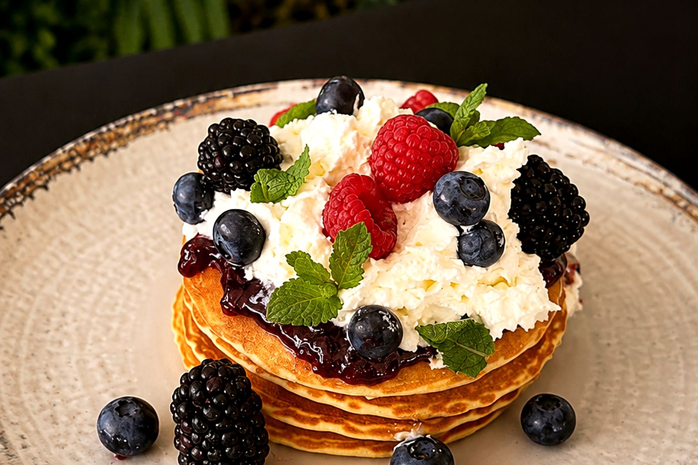 Pancakes con frutos del bosque y nata